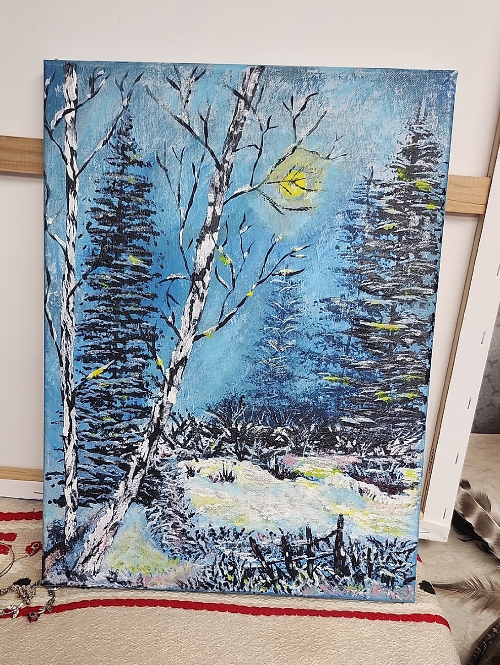 Hand-Painted Blue Winter Forest Canvas Painting - Artist Signed Original
